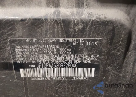 2016 Subaru Impreza 2.0I z USA, uszkodzony, nr VIN JF1GPAA62G9228046